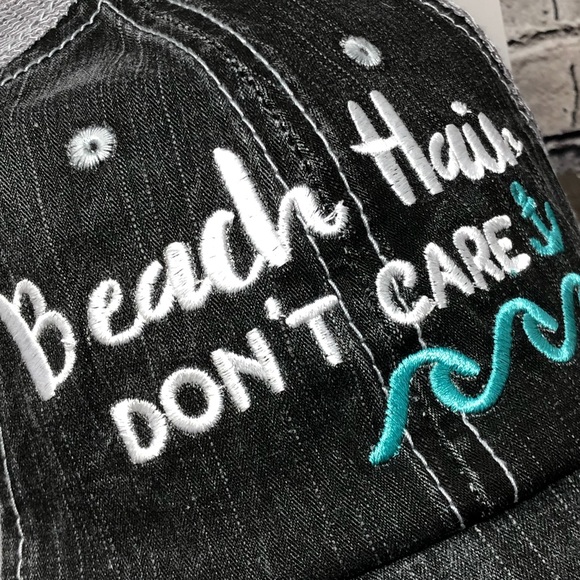"Beach Hair Don’t Care" Embroidered/Distressed Cap - Picture 2 of 8